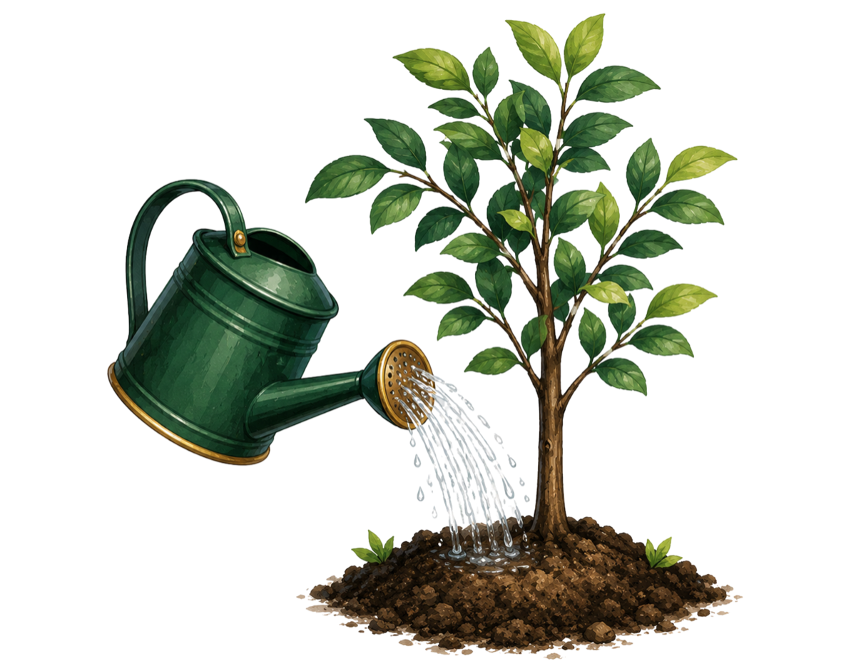 An illustration of a green watering can pouring water onto a young tree growing in fresh soil, with two small sprouts at its base